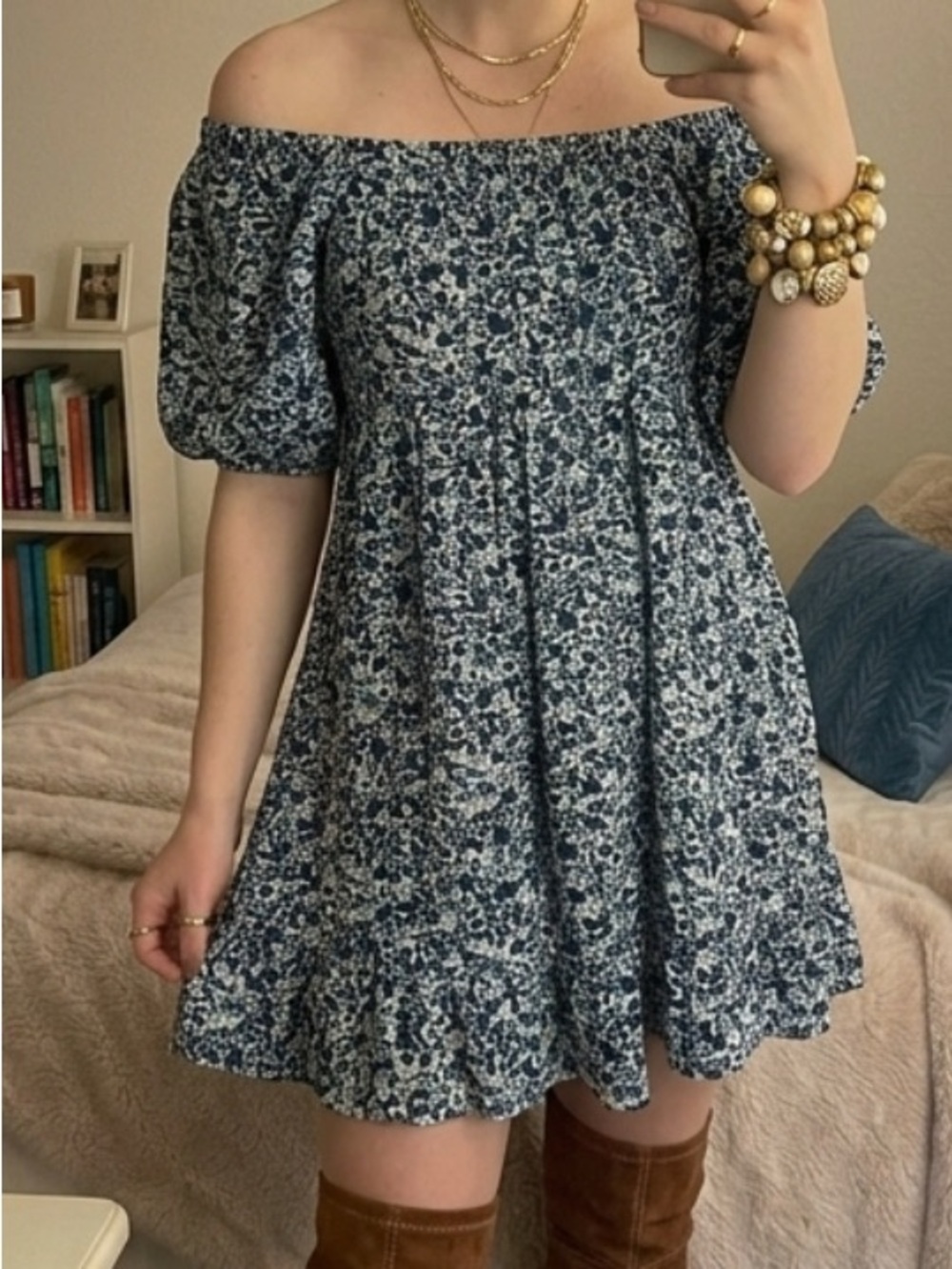 Puff sleeve Off-Shoulder Blue Floral Mini Dress